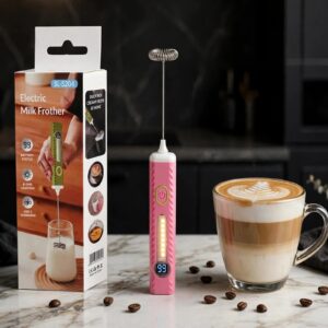 Electric coffee beater SL-5204 box with pink beater and barista style latte coffee cup with creamy froth - Tamu.pk Pakistan
